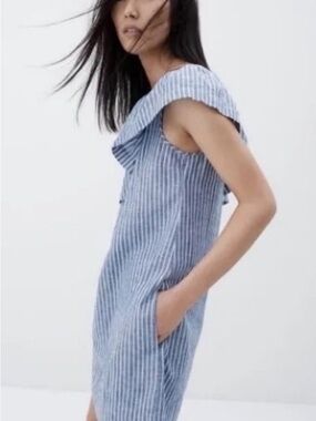 MADEWELL One shoulder Blue Stripe Shift Dress, Size XS
